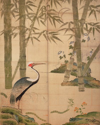 Bamboe en kraanvogel, Edo-periode door Japanese School